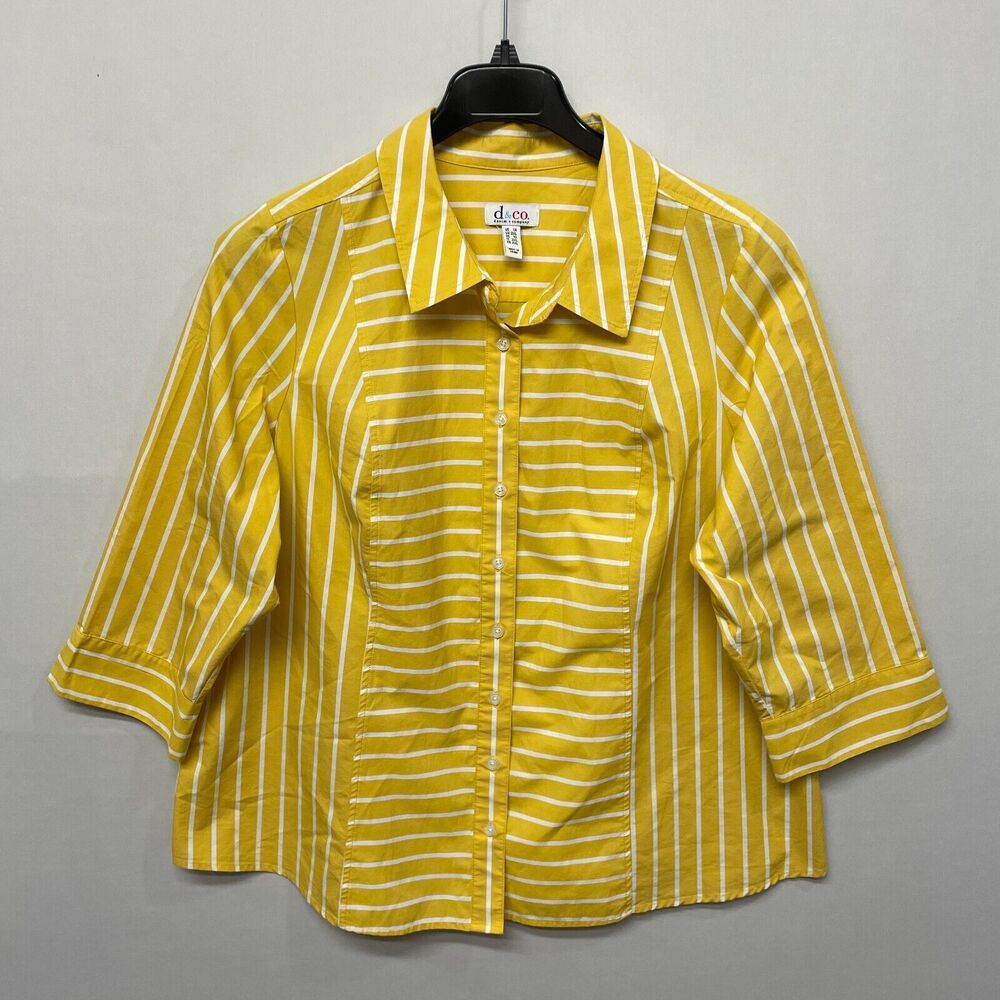 D&Co Denim & Co. Women Blouse Top Button Shirt Size 1X Yellow Stripes B354 -17